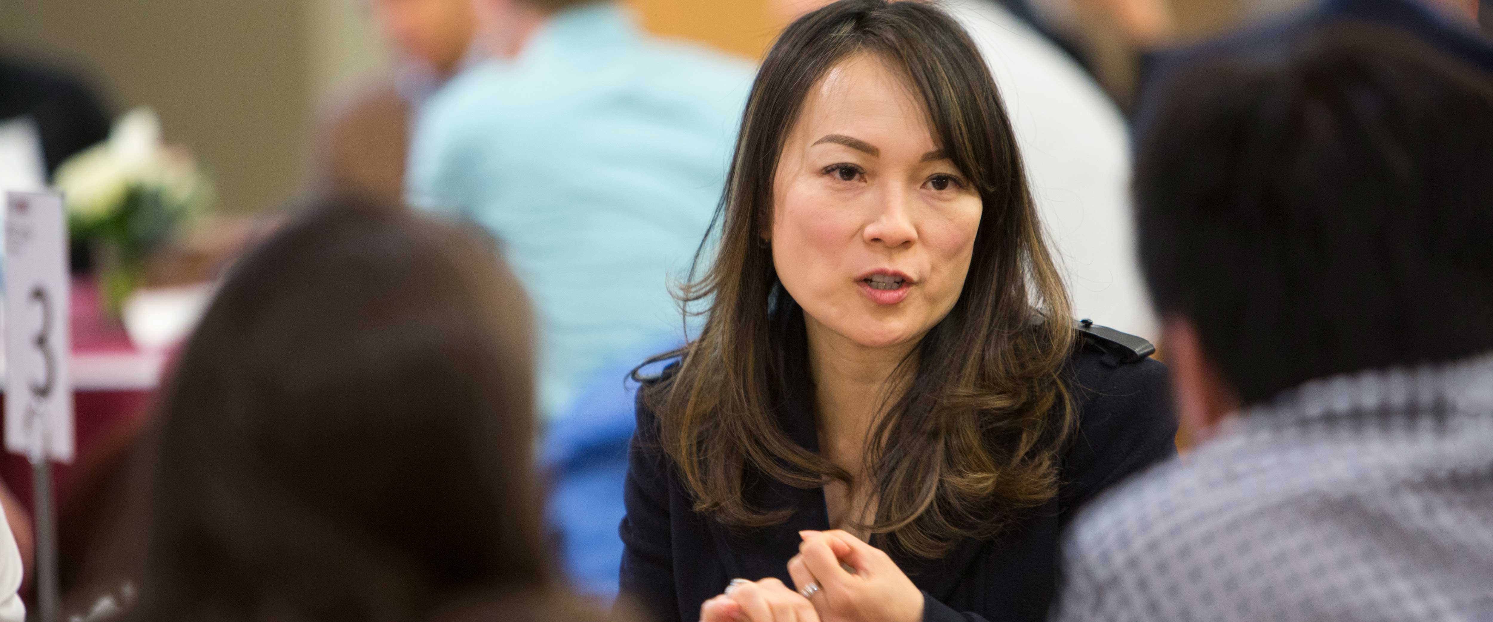 Caroline Sheu speaking with students at a Kilts Center event