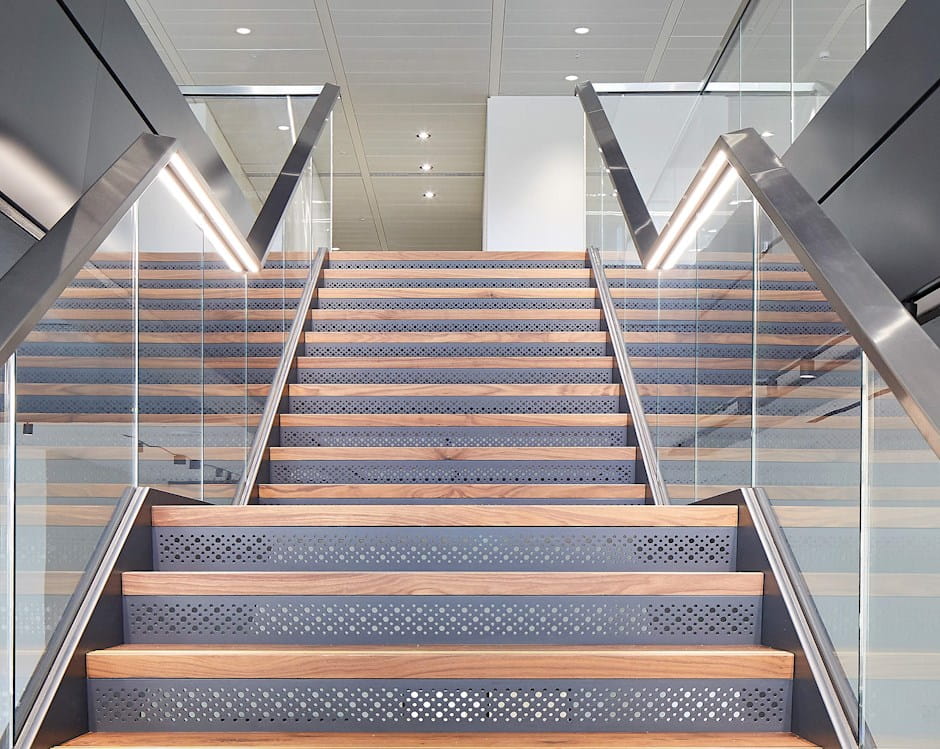 A modern staircase in the atrium of the conference centre